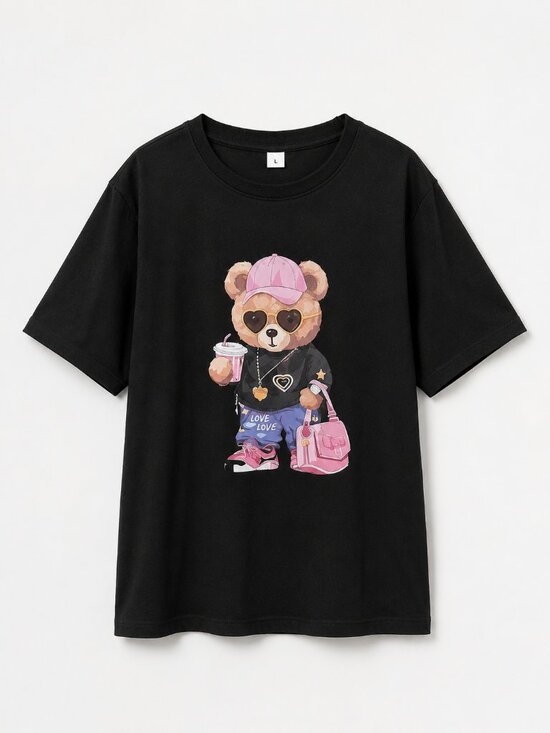 Tops - Women's Cute Teddy Bear Graphic Tee Black Casual Oversized T-Shirt